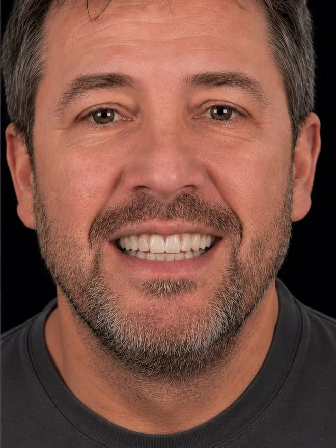Paciente sonriendo con su dentadura restaurada con implantes